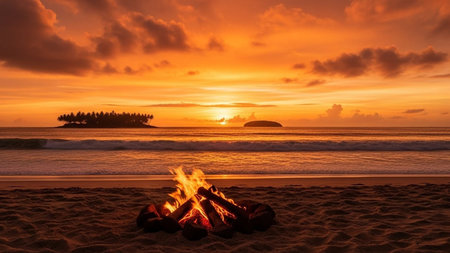 Dramatic tropical sunset with glowing sky over beach and bonfire â vibrant colors, palm island silhouetteの素材