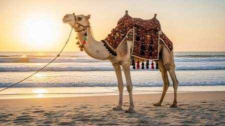 Camel resting on beach at sunset with traditional colorful saddleの素材