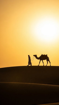 Camel and Bedouin Walking in Golden Desert at Sunsetの素材