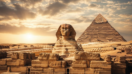 The Great Sphinx of Giza and Pyramid at Sunset in Ancient Egyptian Desertの素材