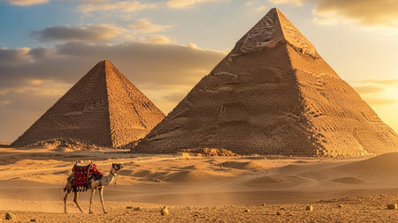 Camel Walking in Front of the Great Pyramids of Giza at Sunset in Egyptian Desertの素材