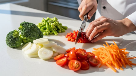 Chef Preparing Fresh Vegetables on Cutting Board in Bright Kitchenの素材