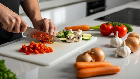 Close up of human hands cooking vegetable salad in the kitchen. Woman's hands are cutting vegetables.の素材