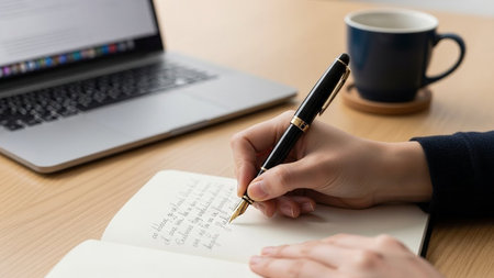 Writing Notes with Fountain Pen on Desk â Productivity and Creative Work Conceptの素材