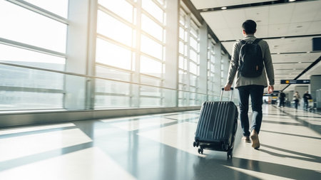 Traveler Walking with Luggage in Modern Airport Terminalの素材