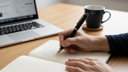 Writing Notes with Fountain Pen on Desk â Productivity and Creative Work Conceptの素材