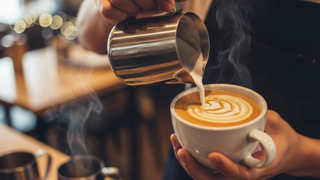 Barista Pouring Latte Art in a Cup of Fresh Coffee at CafÃ©の素材