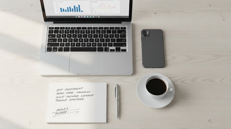 Minimal Workspace with Laptop, Coffee Cup, Smartphone and Notepad on Light Deskの素材