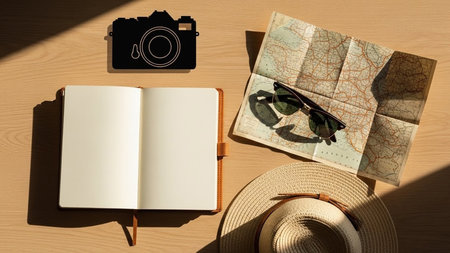 Travel Planning Essentials with Notebook, Map, Hat and Sunglasses â Adventure Preparation Flat Layの素材