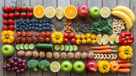 Healthy food background. Vegetables, fruits and nuts on wooden tableの素材