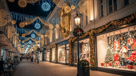 Festively Decorated Shopping Street with Holiday Lights at Nightの素材