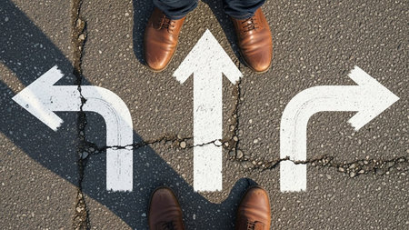 Decision Making Concept with Person Standing at Multiple Direction Arrowsの素材