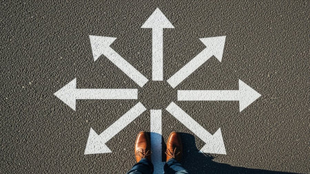 Decision Making Concept with Person Standing at Multiple Direction Arrowsの素材