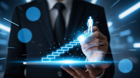 Career Growth and Success Concept with Digital Staircase Visualizationの素材