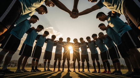 Football team huddle before match â unity, teamwork, motivation and sports spirit at sunsetの素材
