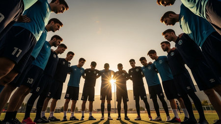 Football team huddle before match â unity, teamwork, motivation and sports spirit at sunsetの素材