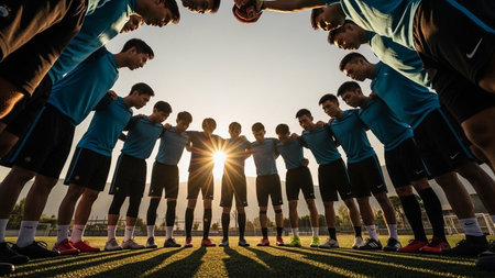Football team huddle before match â unity, teamwork, motivation and sports spirit at sunsetの素材