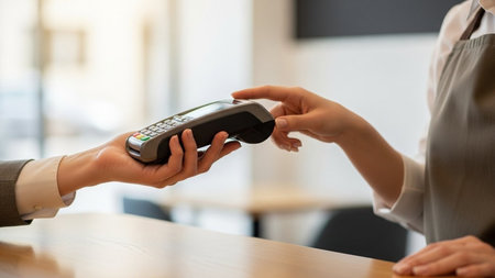 close up of businesswoman using credit card reader to pay in cafeの素材