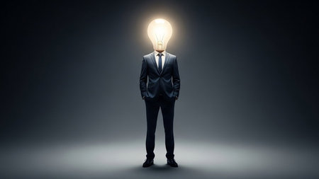 Creative Business Concept with Man in Suit and Glowing Light Bulb Headの素材
