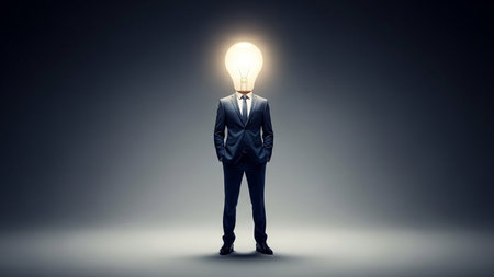 Creative Business Concept with Man in Suit and Glowing Light Bulb Headの素材