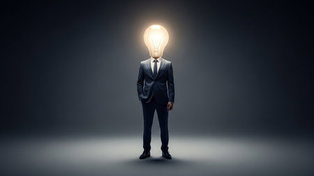 Creative Business Concept with Man in Suit and Glowing Light Bulb Headの素材