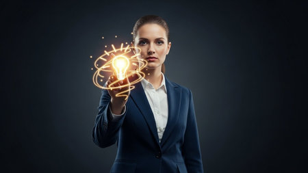 Businesswoman Holding Glowing Light Bulb â Innovation and Creative Idea Conceptの素材