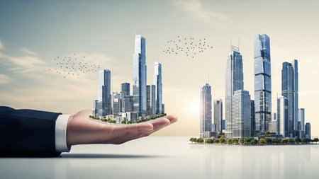 Futuristic City Model in Hand â Smart Urban Development and Real Estate Conceptの素材