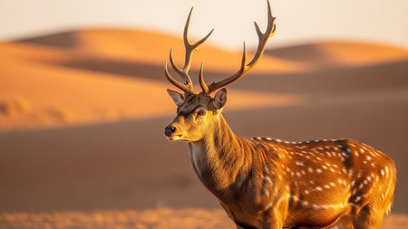 Spotted Deer with Antlers in Desert at Golden Sunsetの素材