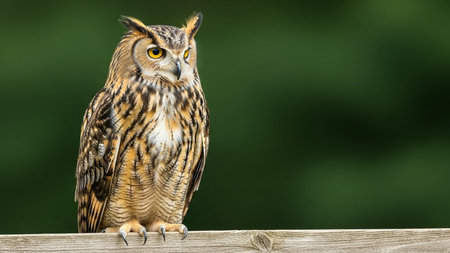 Long Eared Owl Portrait Perched on Wooden Fence with Green Backgroundの素材