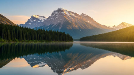 Mountain Lake Reflection at Sunrise with Pine Forest and Snow Peaksの素材