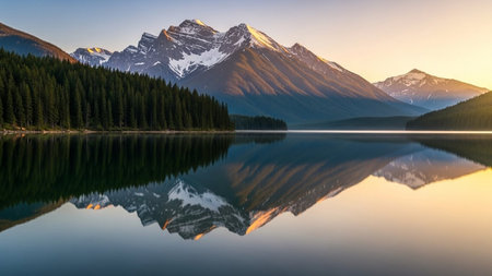 Mountain Lake Reflection at Sunrise with Pine Forest and Snow Peaksの素材