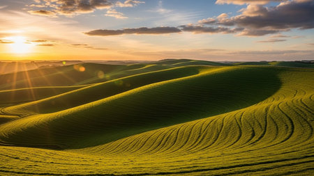 Rolling Green Hills at Sunset with Golden Light and Farmlandの素材
