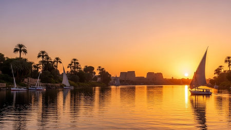 Traditional Felucca Boats Sailing on the Nile River at Sunset, Egyptの素材