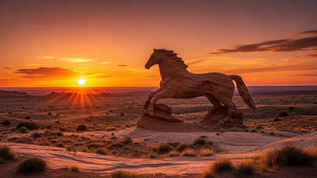 Horse Shaped Rock Formation in Desert at Sunsetの素材
