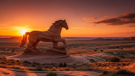 Horse Shaped Rock Formation in Desert at Sunsetの素材