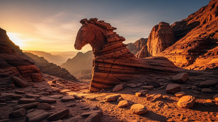 Horse Head Rock Formation in Desert Canyon at Sunsetの素材