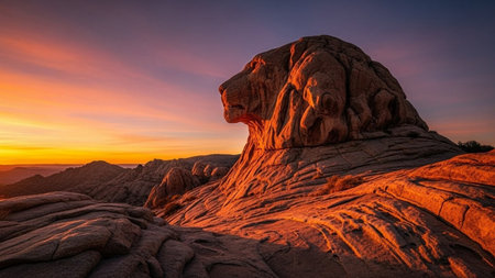 Lion-Shaped Rock Formation at Sunset in Dramatic Landscapeの素材