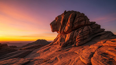 Lion-Shaped Rock Formation at Sunset in Dramatic Landscapeの素材