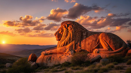 Majestic Stone Lion Sculpture at Sunset with Dramatic Sky, Symbol of Strength, Power, Leadership, and Timeless Natural Beautyの素材