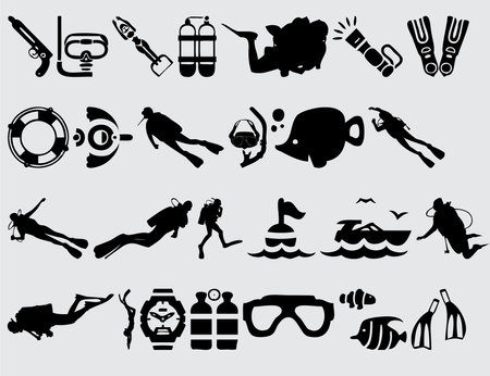 Set of silhouettes of scuba diving equipment. Vector illustration.のイラスト素材