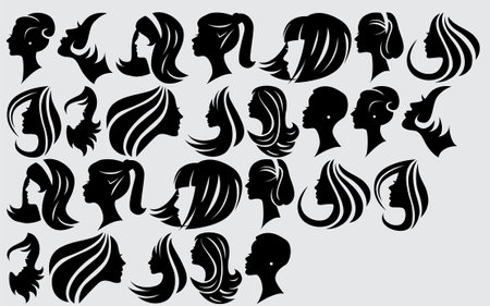 Set of silhouettes of girls with different hair styles. Vector illustration.のイラスト素材