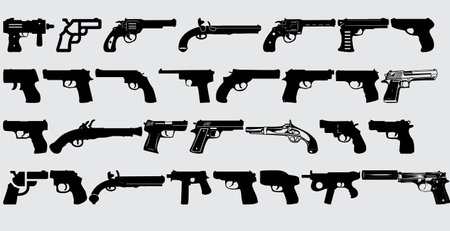 silhouette of different types of guns in different positions, vector illustrationのイラスト素材