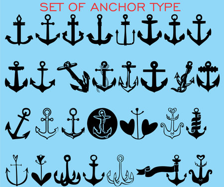 Anchor icons set. Black silhouettes on blue background.のイラスト素材