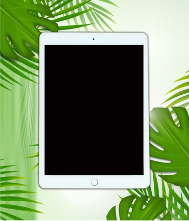 Tablet pc with tropical palm leaves on green background. Vector illustration.の写真素材