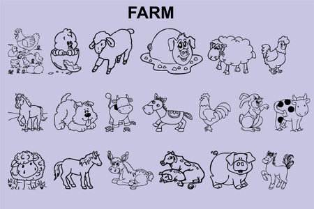 Set of farm animals in cartoon style. Hand drawn vector illustration.のイラスト素材