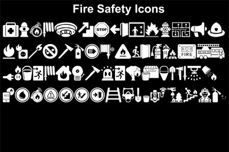fire safety icons set, black and white version, vector illustration.のイラスト素材