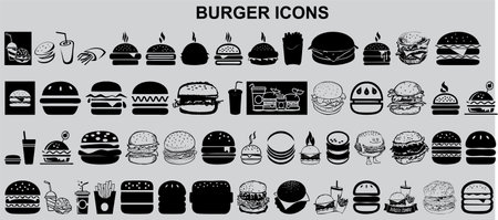Burger icons set, black and white version, vector illustration.のイラスト素材