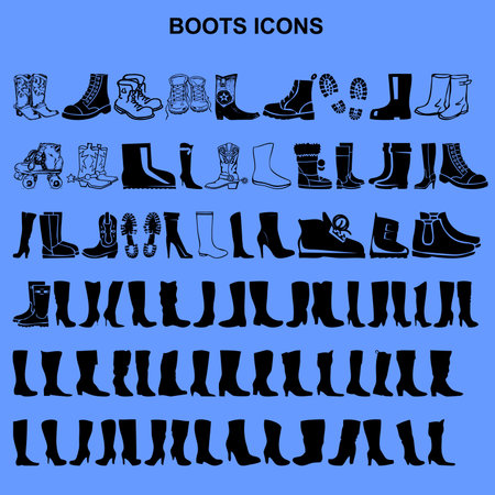 Set of boots and boots silhouettes isolated on blue background. Vector illustrationのイラスト素材