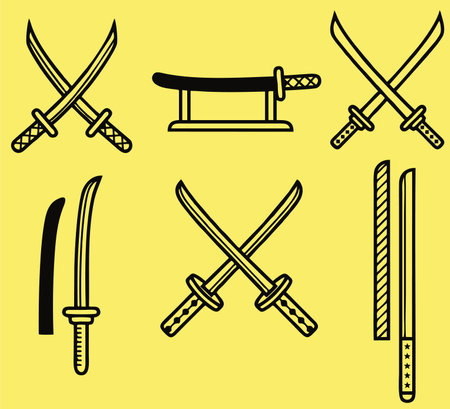 Set of Japanese swords. Vector illustration. Isolated on yellow background.のイラスト素材
