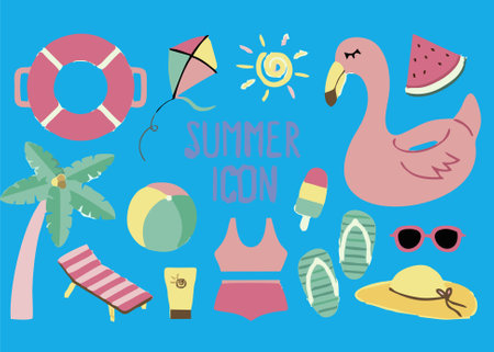 Summer icon set. Vector illustration in flat cartoon style. Isolated on blue background.のイラスト素材